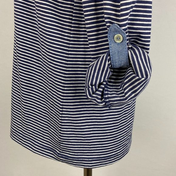 Thyme And Honey L Striped Partial Button Front Henley Top Roll Tab Long Sleeves - Picture 6 of 12